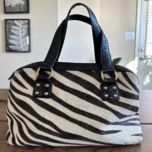 Bloomingdale's Zebra Print Satchel with Black Handles and Gold Hardware